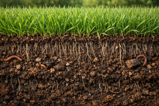Cross-section of lawn soil showing deep roots and healthy microbial structure