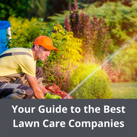 A person in an orange cap watering plants with the text Your Guide to the Best Lawn Care Companies.