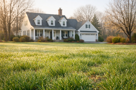 Early spring residential lawn beginning to green up after winter with morning dew and suburban home in background.