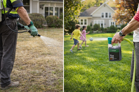 Comparison image showing professional lawn service treatment on one side and a homeowner applying natural lawn care with a hose sprayer on the other.
