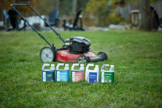 A lawn with a red lawnmower in the background and five different Lawnbright products displayed in the foreground.