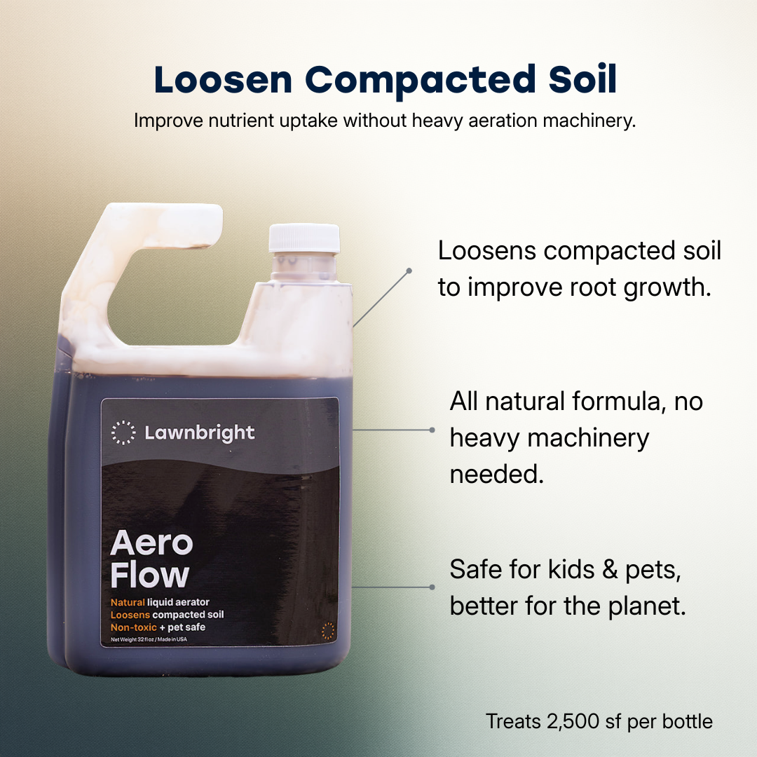 Lawnbright Aero Flow liquid aerator bottle with product features on a gradient background
