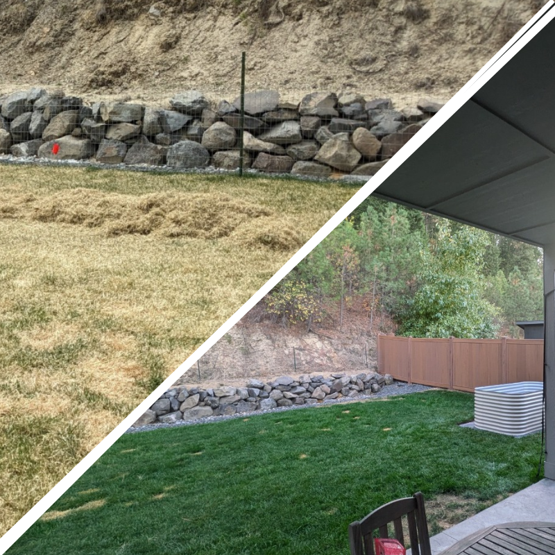 Before and after comparison of a garden transformation with a stone wall and grass.