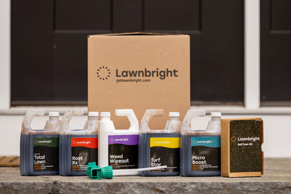 Box of lawnbright products on stairs
