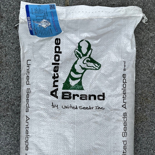 A white bag labeled Antelope Brand, by United Seeds Inc. with an illustration of an antelope.