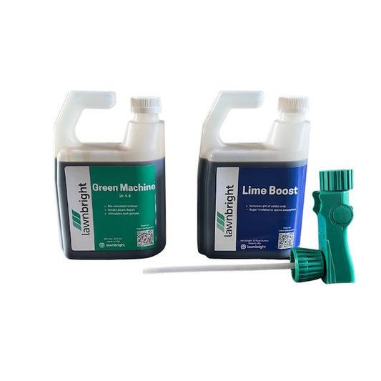 Lawnbright products, Green Machine and Lime Boost with an applicator nozzle placed in front.