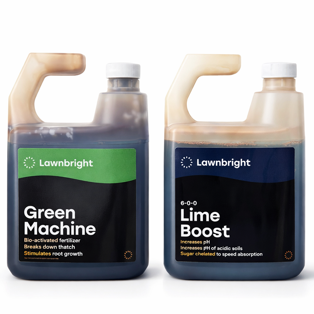 Two bottles of Lawnbright fertilizer products on a white background