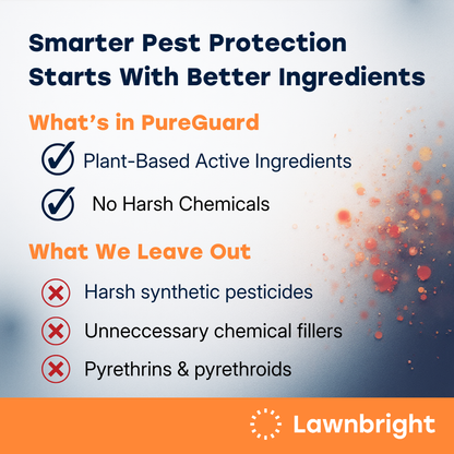 a placard for Lawnbright's PureGuard pest control product highlighting plant-based active ingredients and no harsh chemicals.