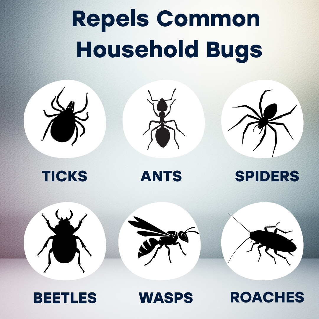 Illustrations of common household bugs with text indicating they are repelled by a product.