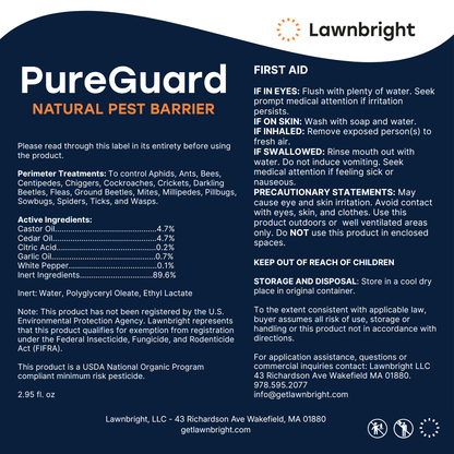 Lawnbright PureGuard Natural Pest Barrier label with product details and safety information.