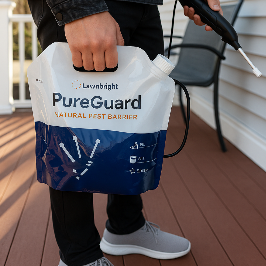 Person holding a Lawnbright PureGuard natural pest barrier on a wooden deck.