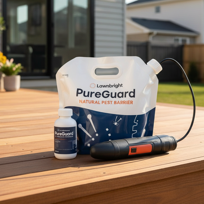 Lawnbright PureGuard natural pest barrier system on a wooden deck with a house in the background.