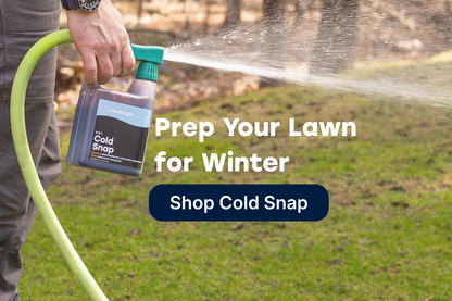 Person using a hose to water a lawn with text promoting Cold Snap products for winter lawn care.