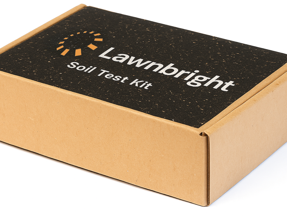 Brown box labeled Lawnbright soil test kit