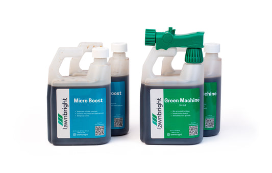 Lawnbright Micro Boost and Green Machine lawn care products in bottles with green and blue labels.