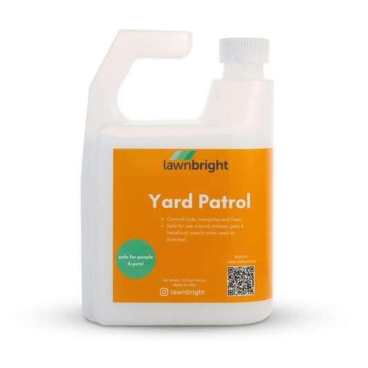 Lawnbright Yard Patrol bottle with orange label, controls ticks, mosquitoes, and fleas, safe for people and pets.