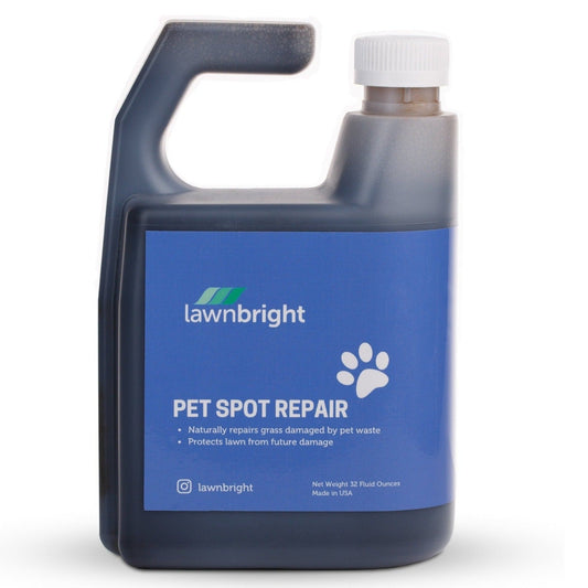 Lawnbright Pet Spot Repair bottle with blue label, designed to repair grass damaged by pet waste.