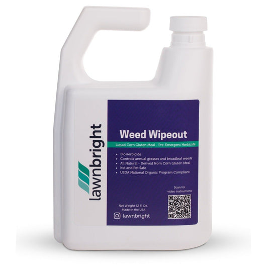 Lawnbright Weed Wipeout bottle with purple label, formulated to eliminate crabgrass and broadleaf weeds.