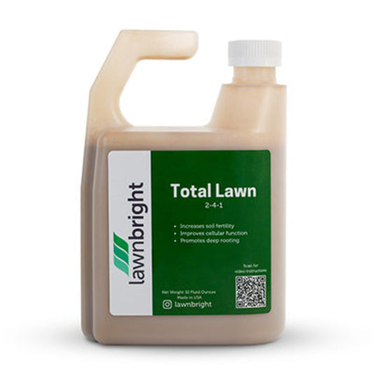 Lawnbright Total Lawn 2-4-1 bottle, increases soil fertility, improves nutrient function, promotes deep rooting.